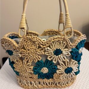 Belk Floral Crochet Tote Bag - Beige and Teal